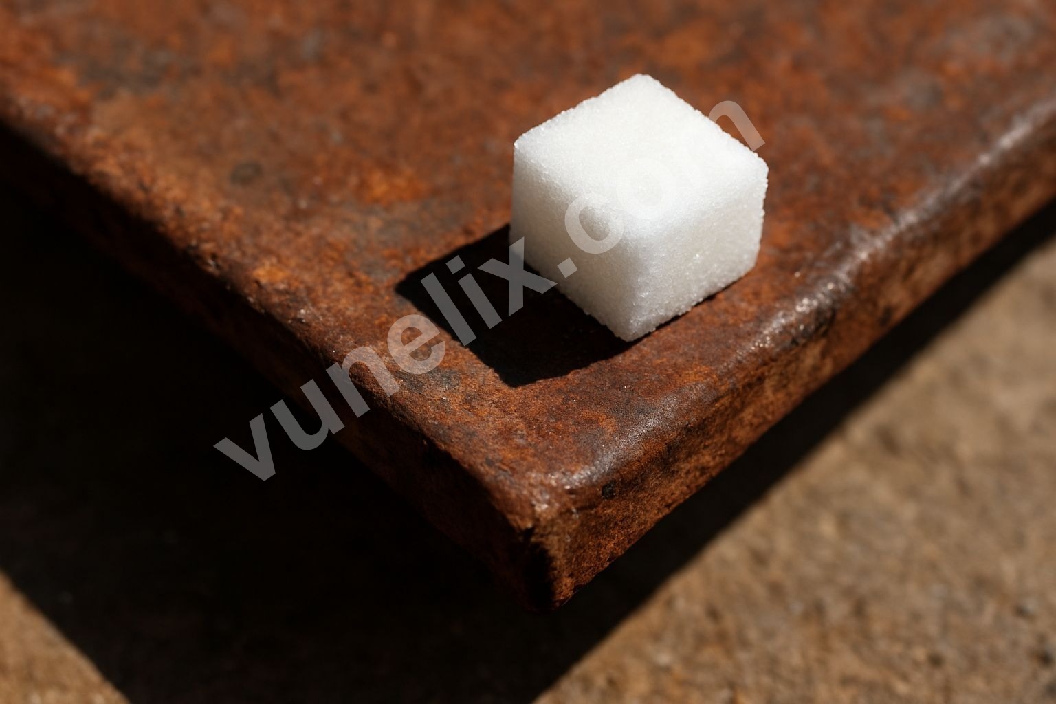 Delicate sugar cube balancing on rusty metal plate, contrasting market signals.
