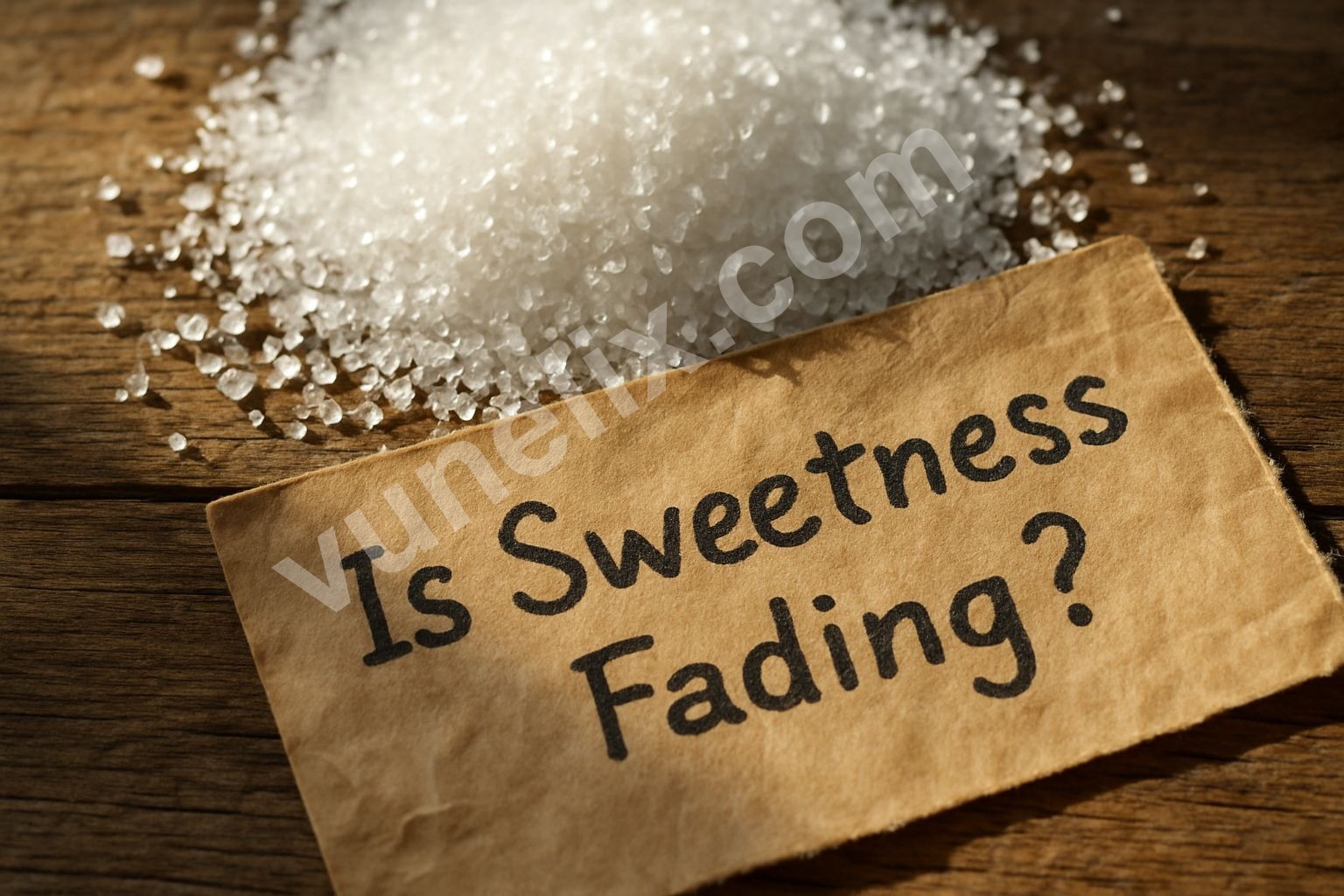 Macro view of sugar crystals with handwritten question about market sentiment.