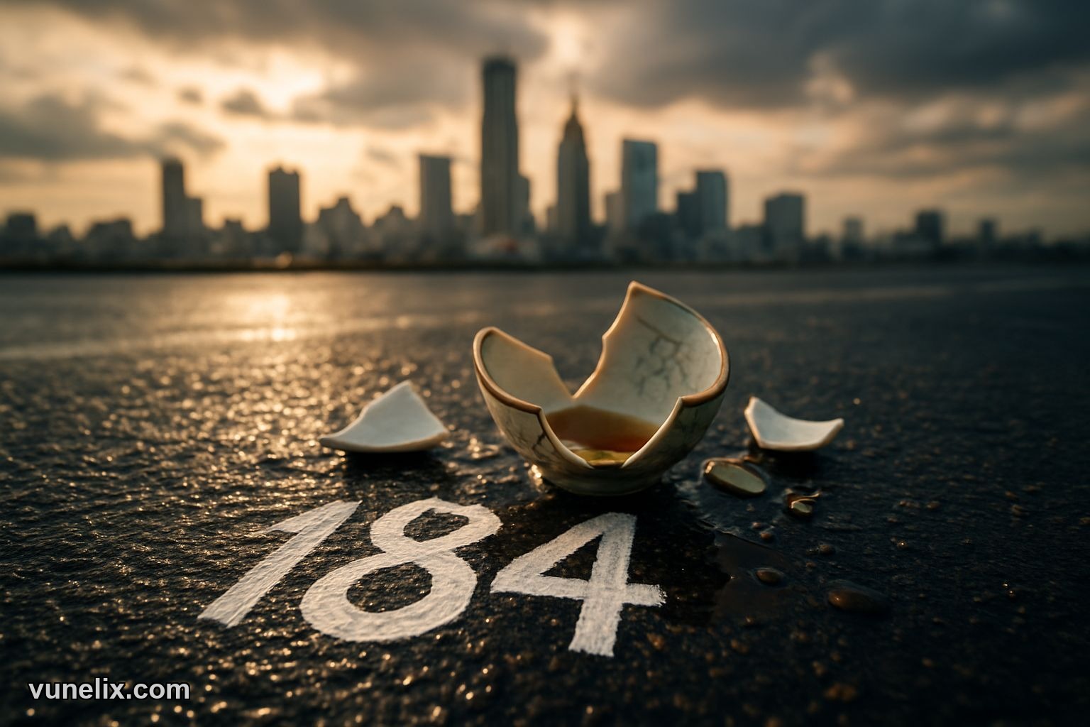 Shattered Japanese teacup symbolizing yen crash with Tokyo skyline background