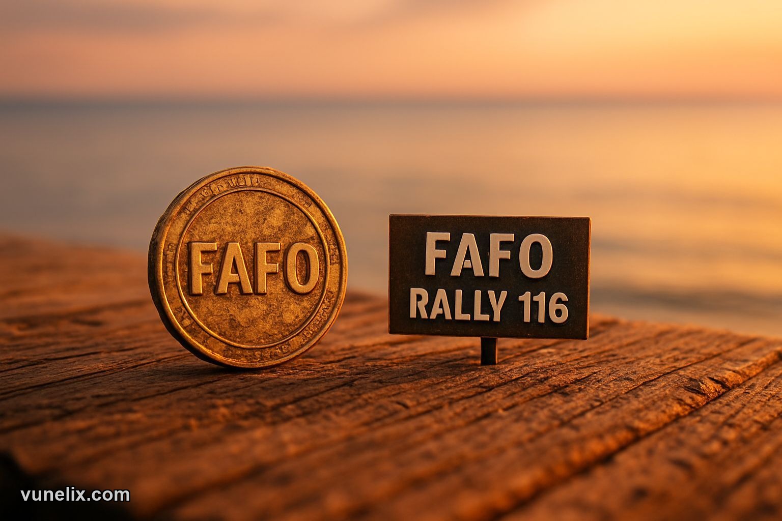 FAFO / USDT coin on a wooden pier at sunset, reflecting bullish market sentiment.