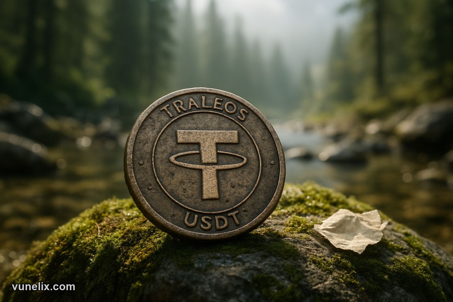 Traleos / USDT coin on mossy rock, hinting at a potential price rebound.