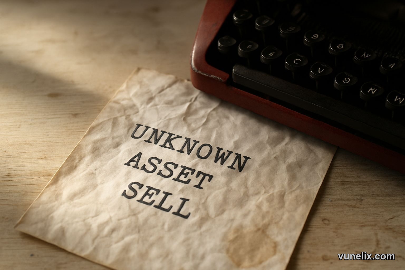 Crumpled paper typed "UNKNOWN ASSET: SELL?" on wooden desk in sunlight.