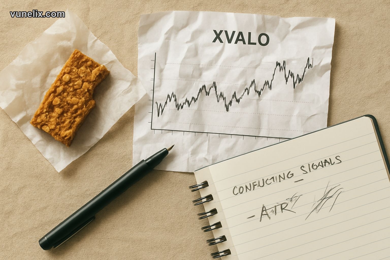 Messy desk with XVALO stock chart, scribbled notes, and snack bar.