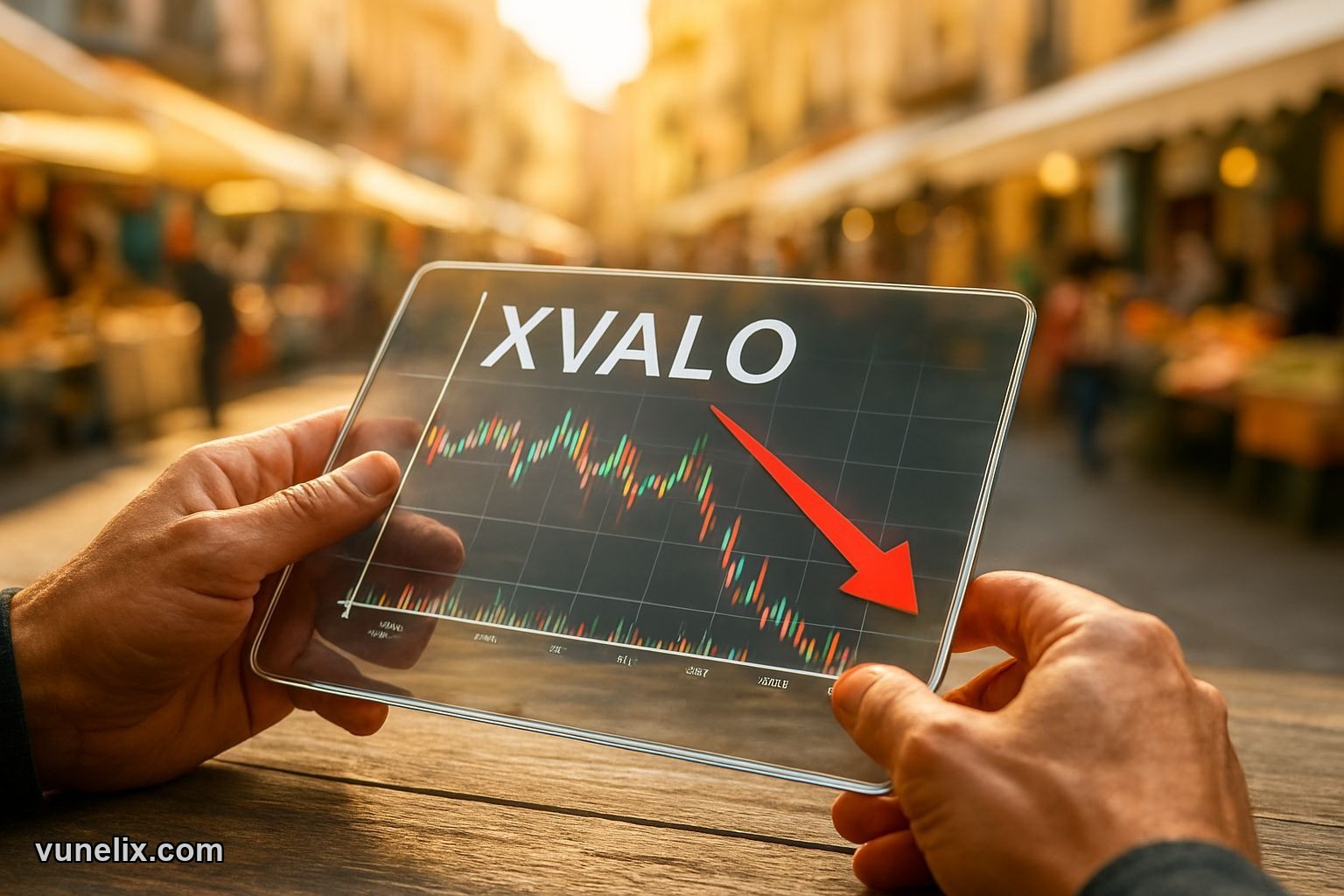 Trader analyzing Vale S.A. stock data on tablet with "RISK" paper, Spanish market background.