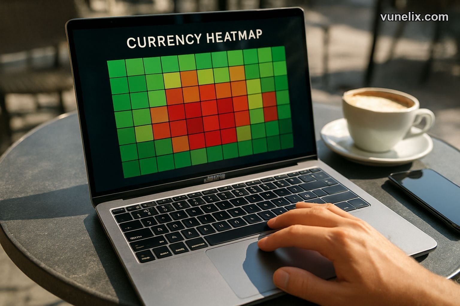 Currency heatmap showing live forex percentage changes on laptop screen