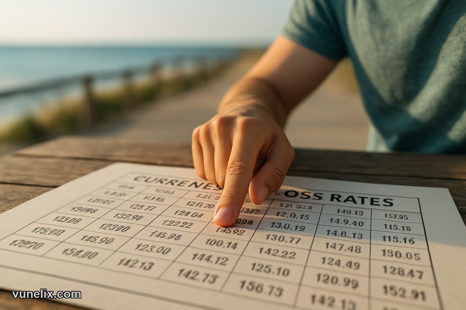 Hand pointing at live currency cross rates table outdoors