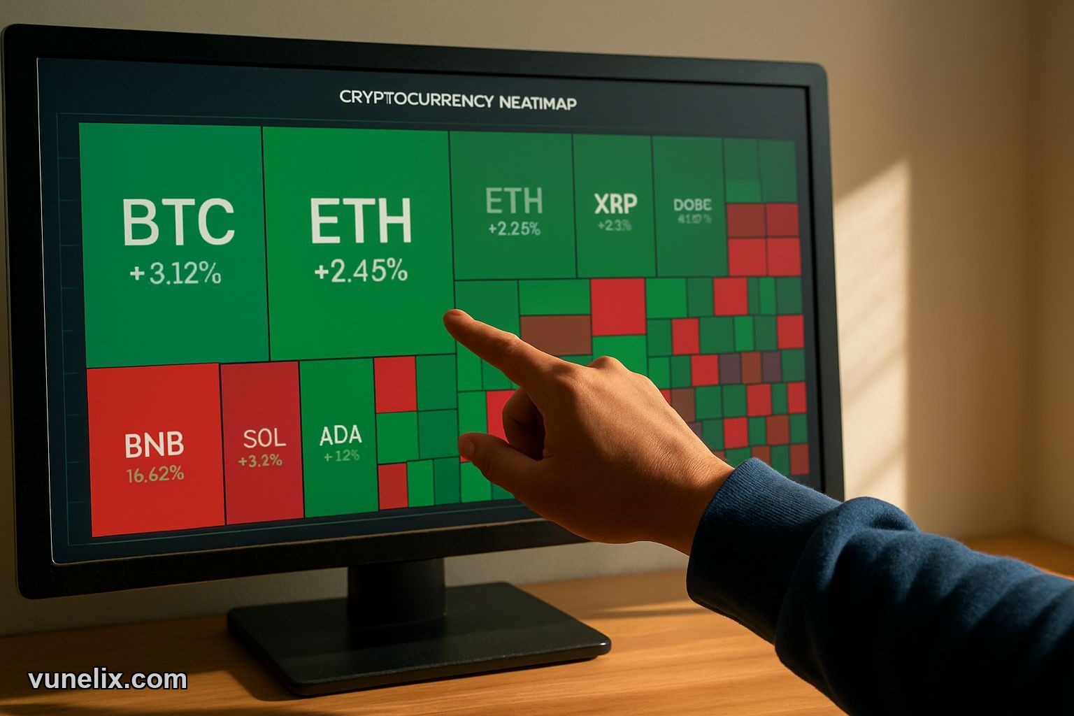 Person pointing at Vunelix crypto heatmap on monitor screen