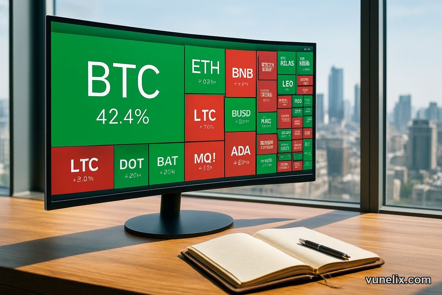 Vunelix crypto heatmap displayed on monitor with city skyline background