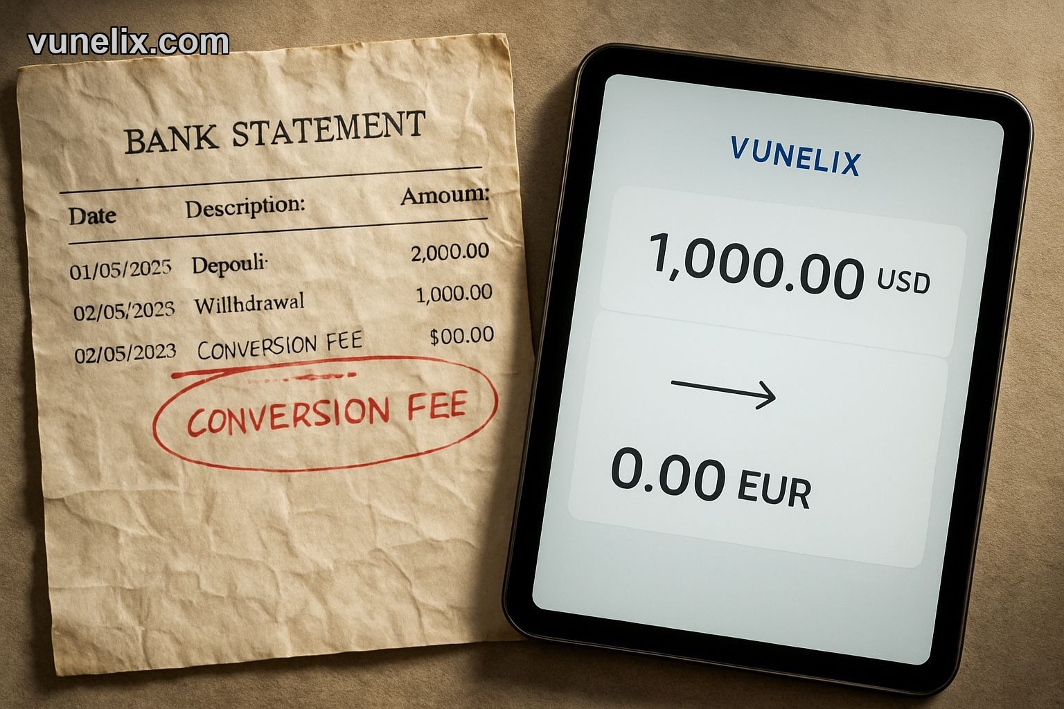 Bank statement with hidden fees contrasted with Vunelix zero-fee display.