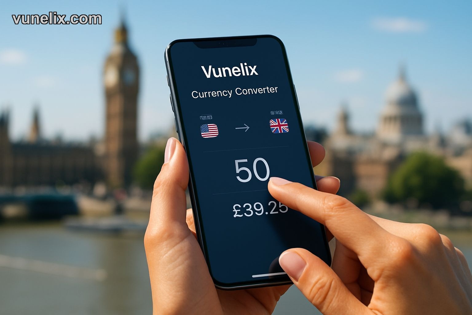 Woman using Vunelix currency converter on smartphone with London skyline.