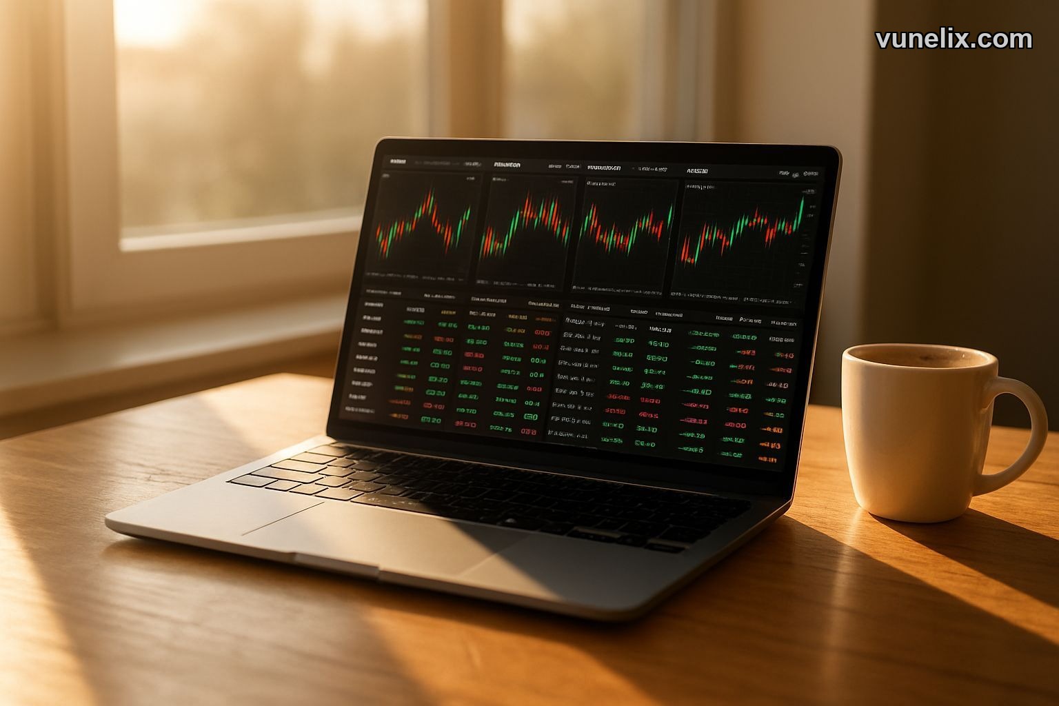 Vunelix forex screener interface displaying live currency trading data on laptop