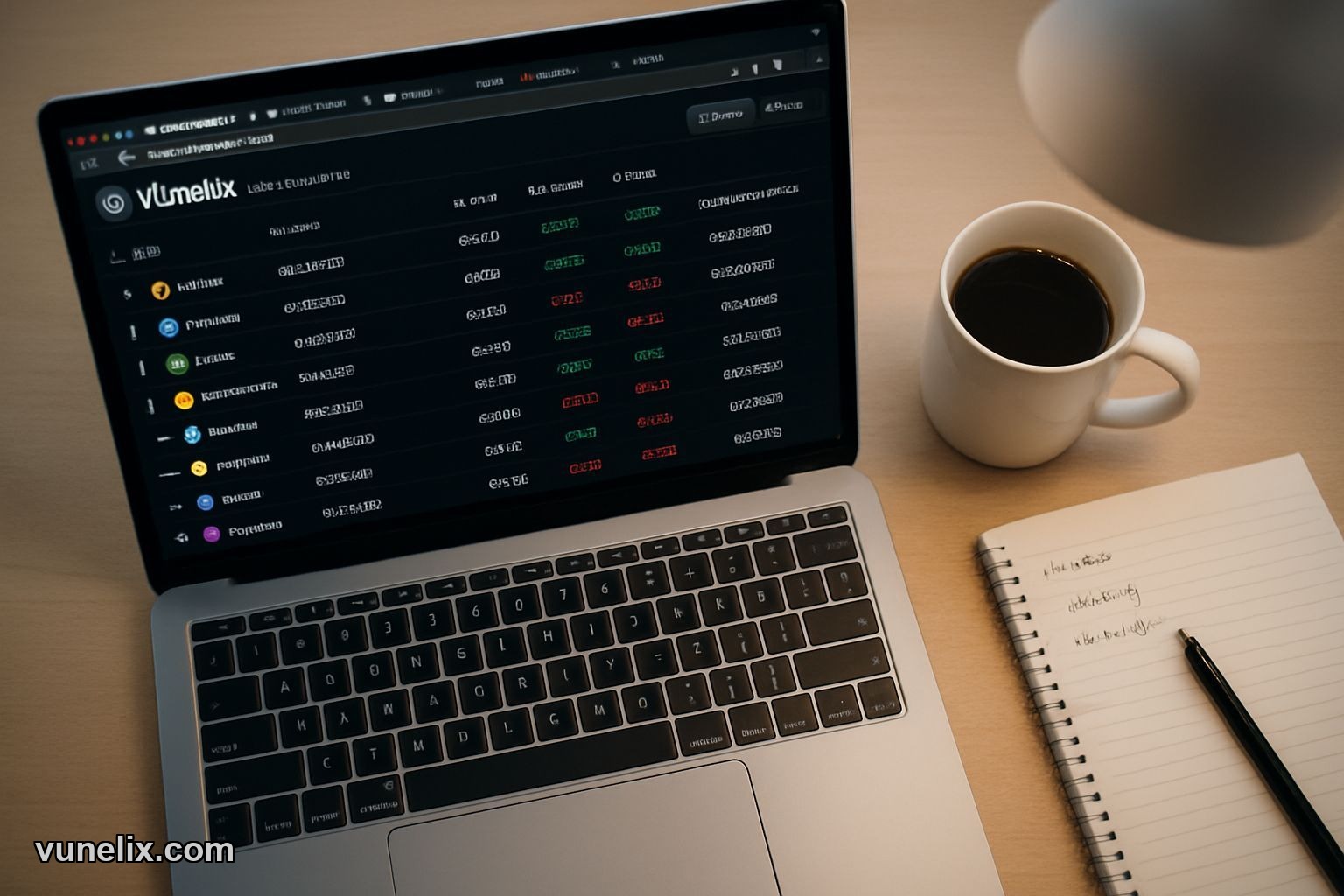 Vunelix crypto market cap screener interface with ranking data