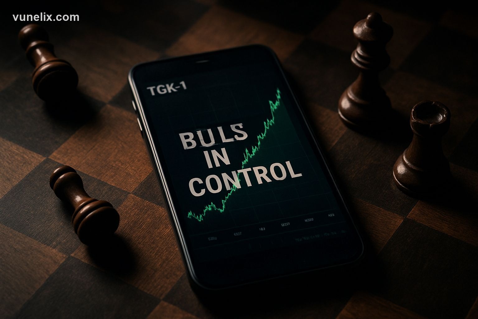 TGK-1 stock chart on a phone, showing bullish momentum on a chessboard.