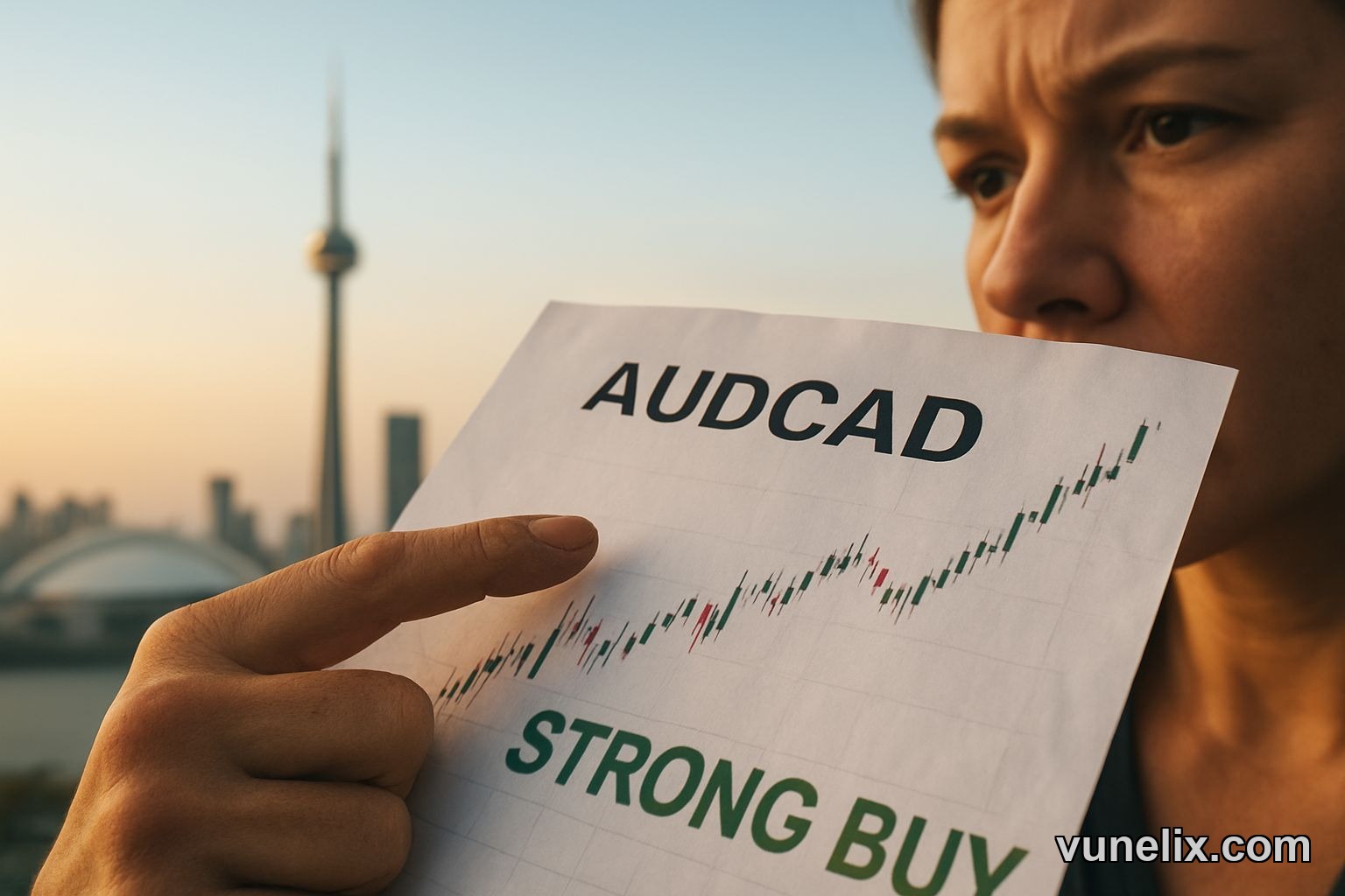 Trader points at AUDCAD chart with strong buy signal.