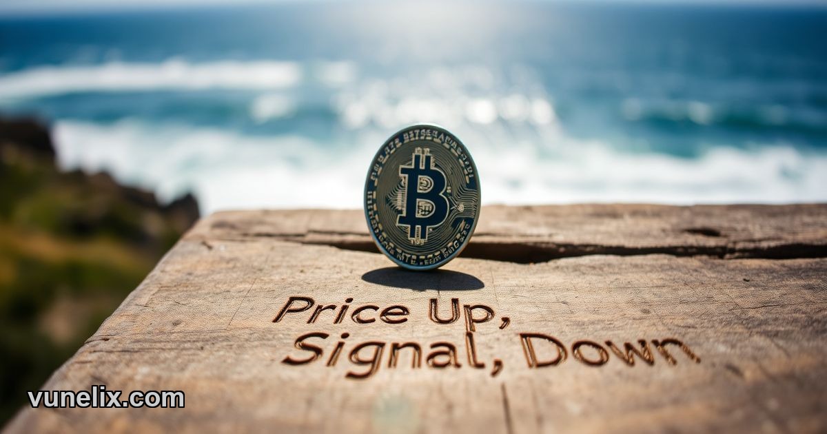 Bitcoin coin on wooden table with coastal background and carved warning text
