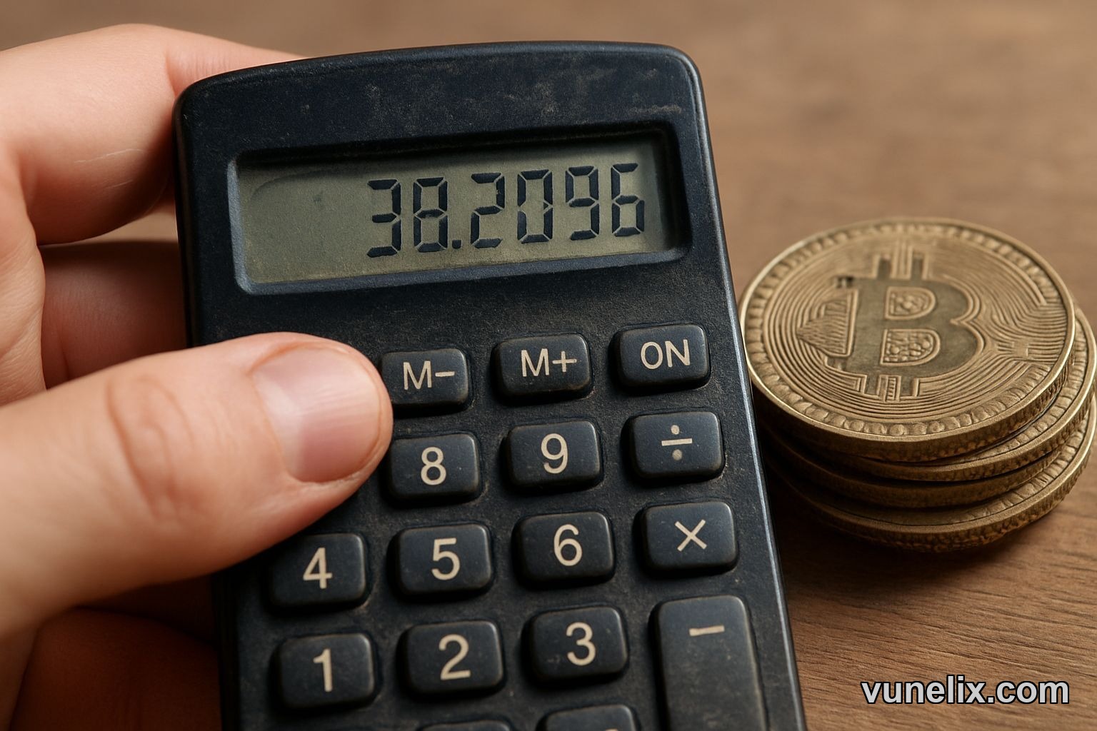 Hand holding calculator with percentage, near Bitcoin physical coins.
