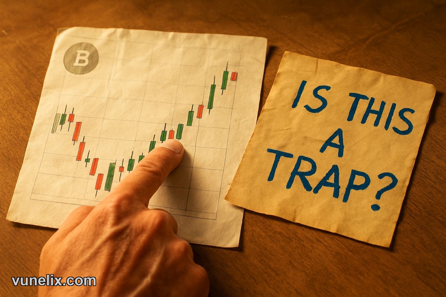 Hand pointing at Bitcoin chart with handwritten "IS THIS A TRAP?" note.
