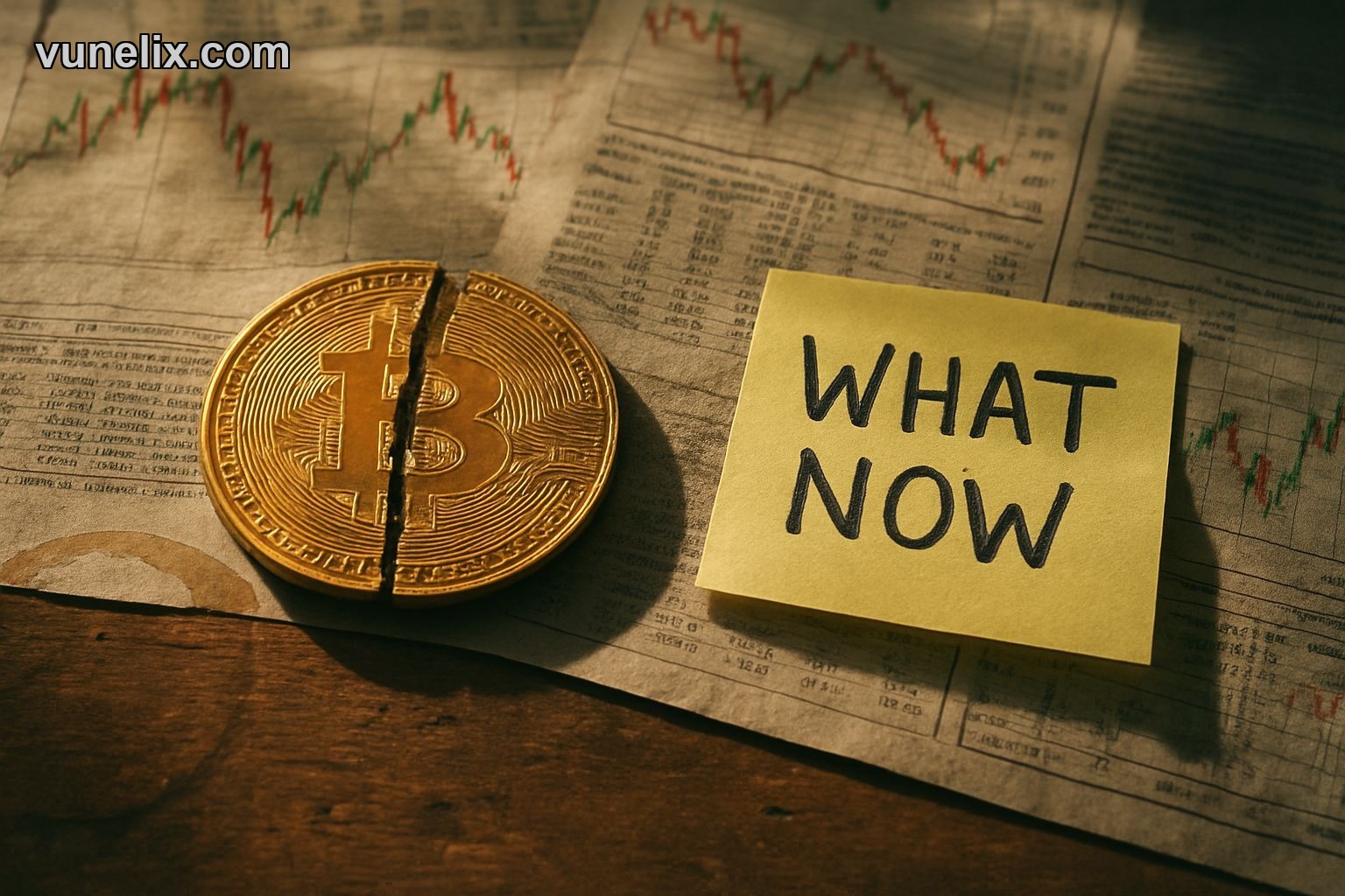 Bitcoin coin on city map, text 'BUY / SELL?', symbolizing conflicting Bitcoin price signals.