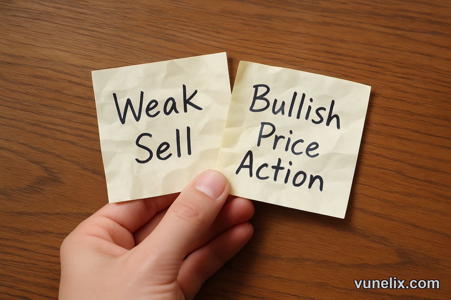 Hand holding two conflicting notes about market signals.