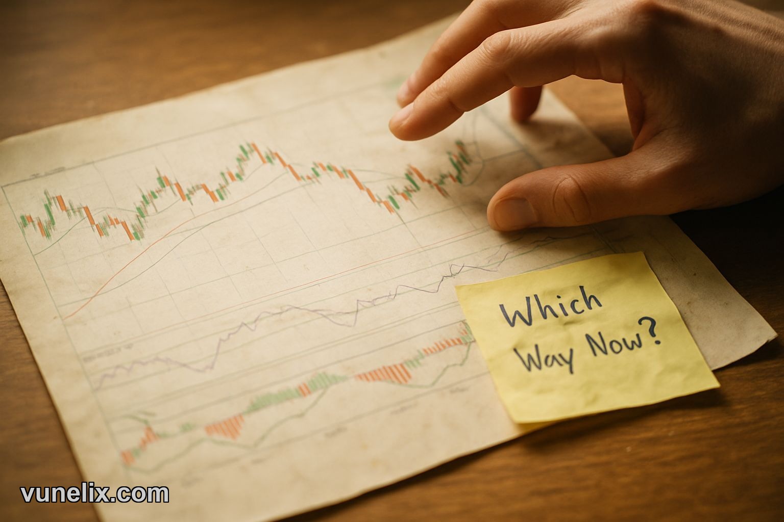 Analyst's hand pondering conflicting BNB price chart with handwritten question.