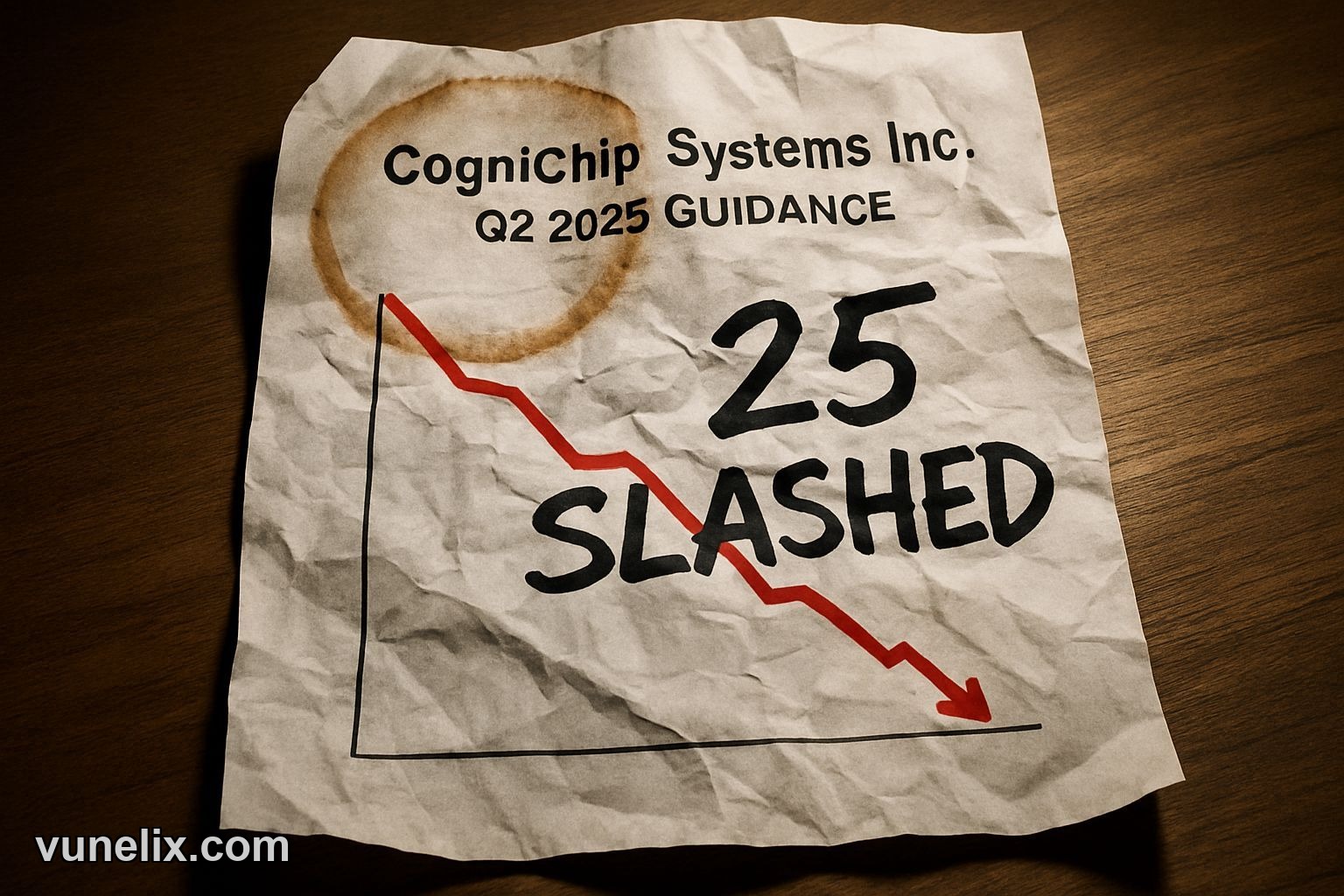 Crumpled CogniChip Q2 guidance report with "25% SLASHED?!" text.