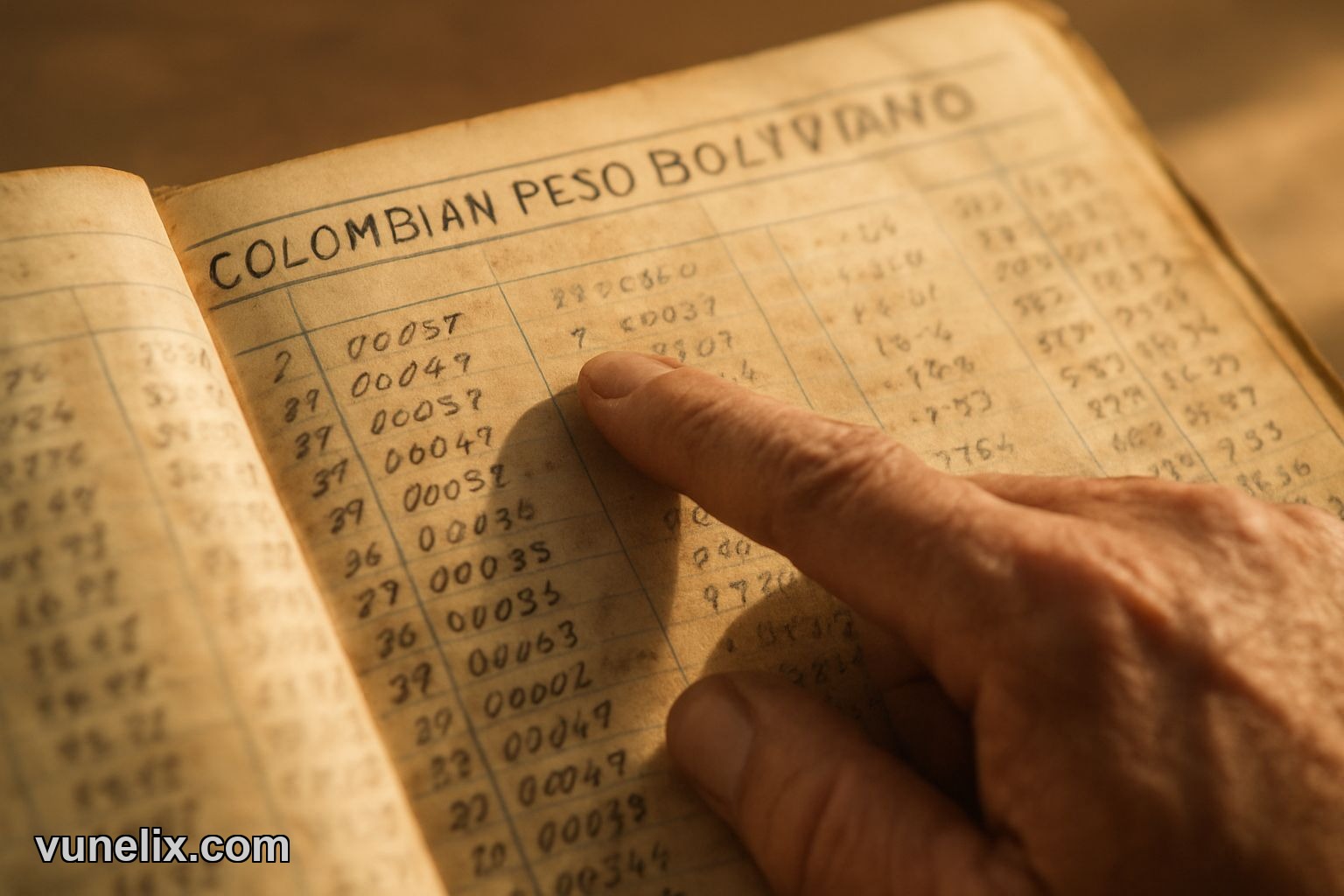 Hand pointing at old ledger with COLOMBIAN PESO / BOLIVIAN BOLIVIANO price data.