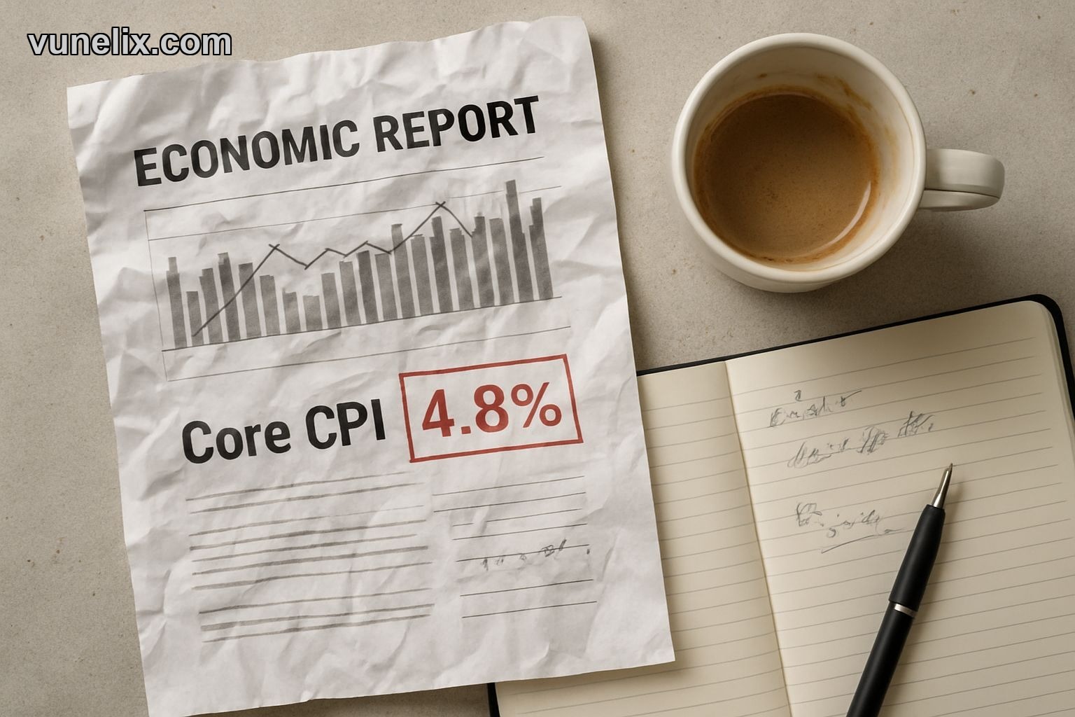 Flat lay of Core CPI report showing 4.8%, coffee, and messy notes.