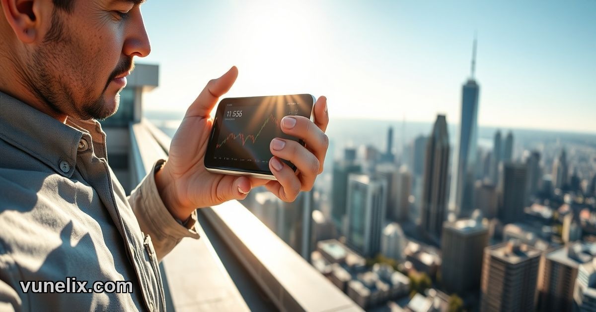 Man viewing EUR/USD chart on smartphone with city skyline background