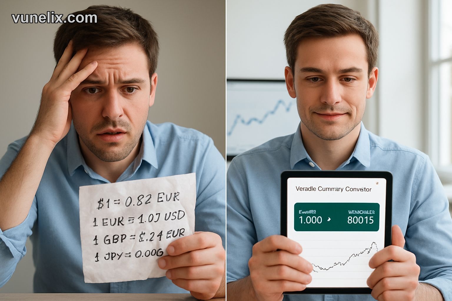 Stressed person vs. calm person using currency converter widget.