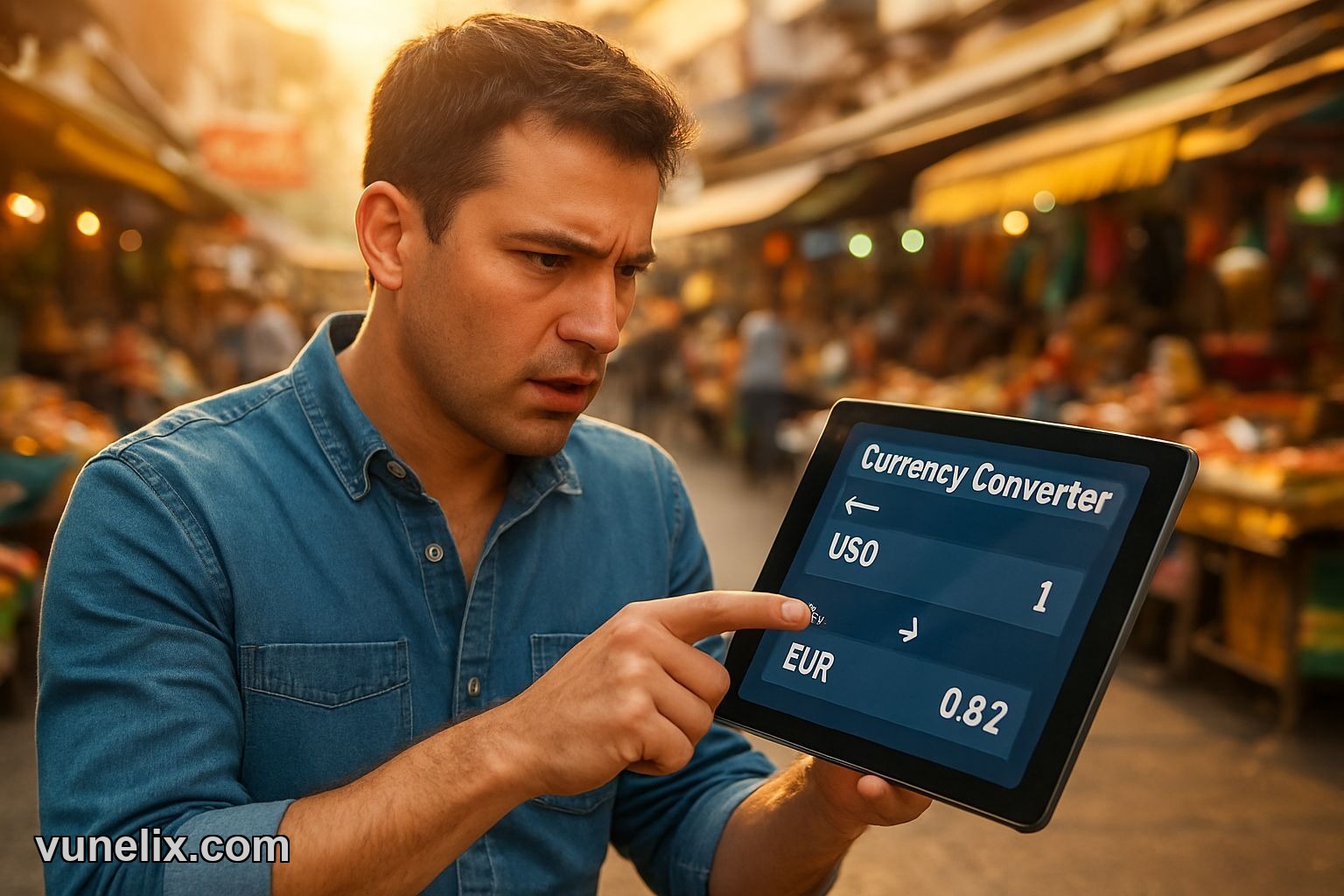 Trader using currency converter, "Lost Profits?" on wall