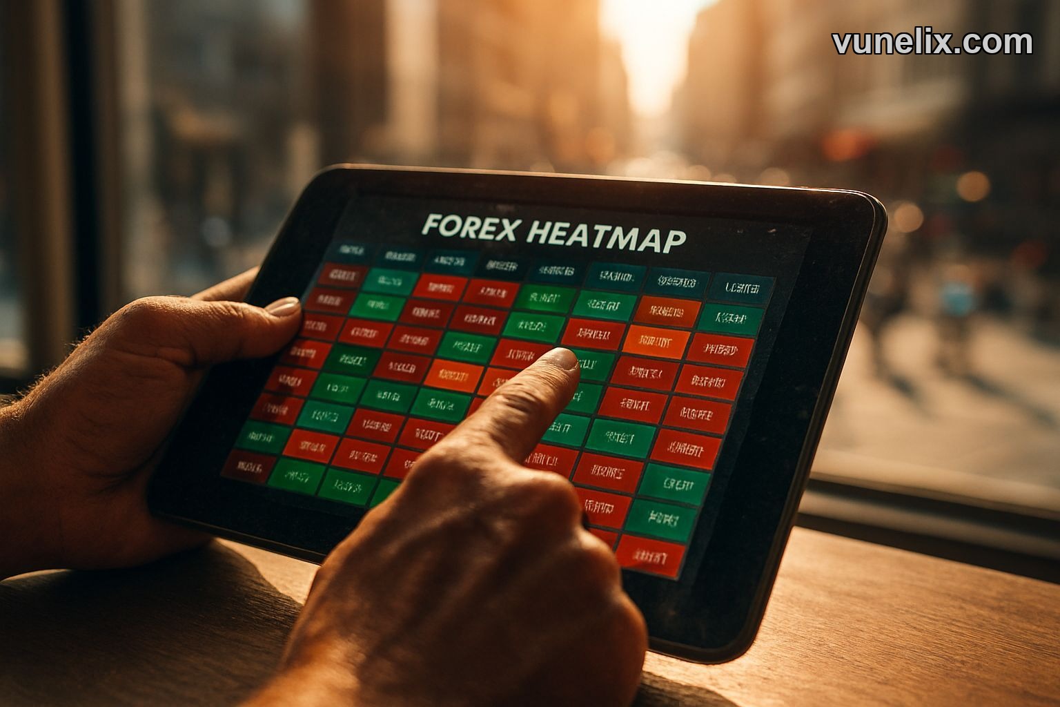 Trader pointing at Forex Heatmap on tablet in a city apartment.