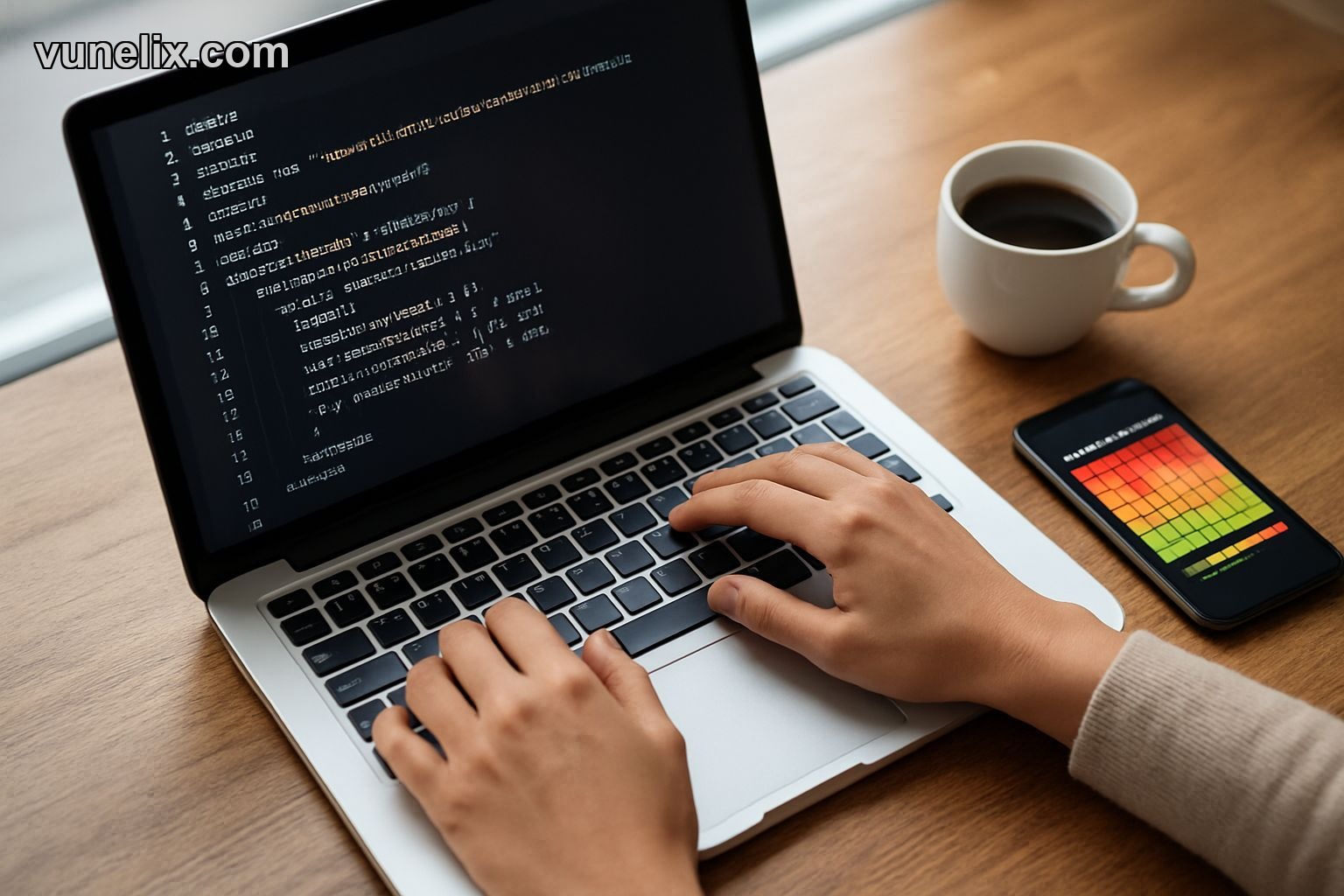 Hands embedding stock heatmap widget code on laptop