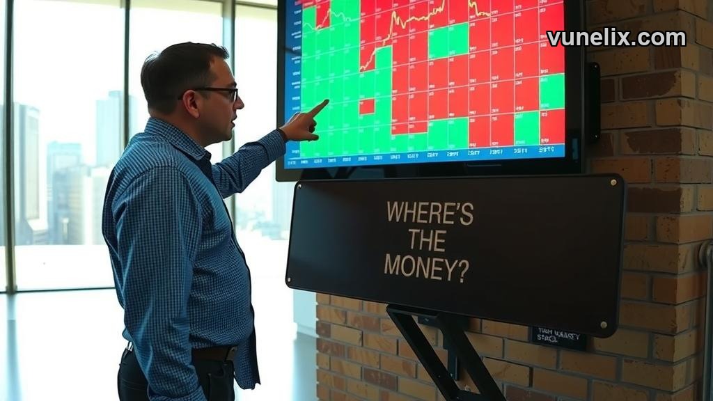 Trader pointing at live stock heatmap display on trading floor