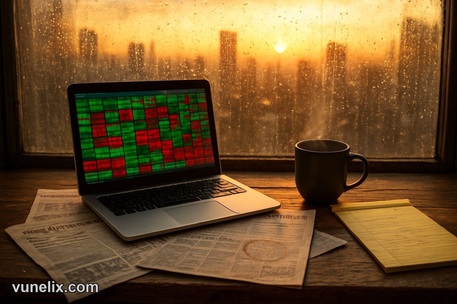 Stock heatmap widget on laptop with market sector analysis