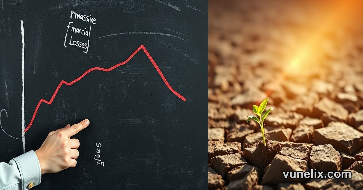 Red chalk stock chart plummeting next to green sprout in cracked soil.
