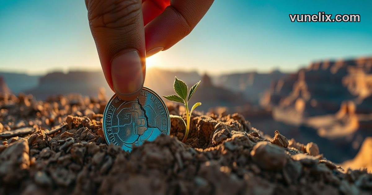 Hand touching tiny green leaf next to shattered FUTURECOIN crypto.