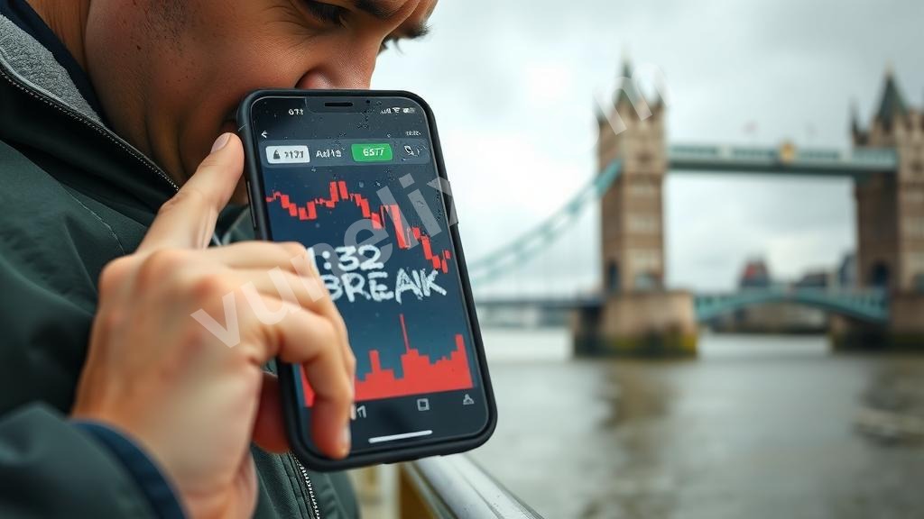 Trader analyzing GBPUSD price drop on smartphone near Thames