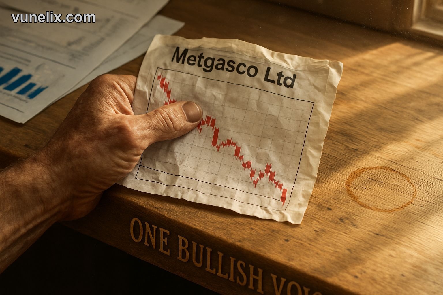 Person pointing at a bullish signal on a falling stock chart.