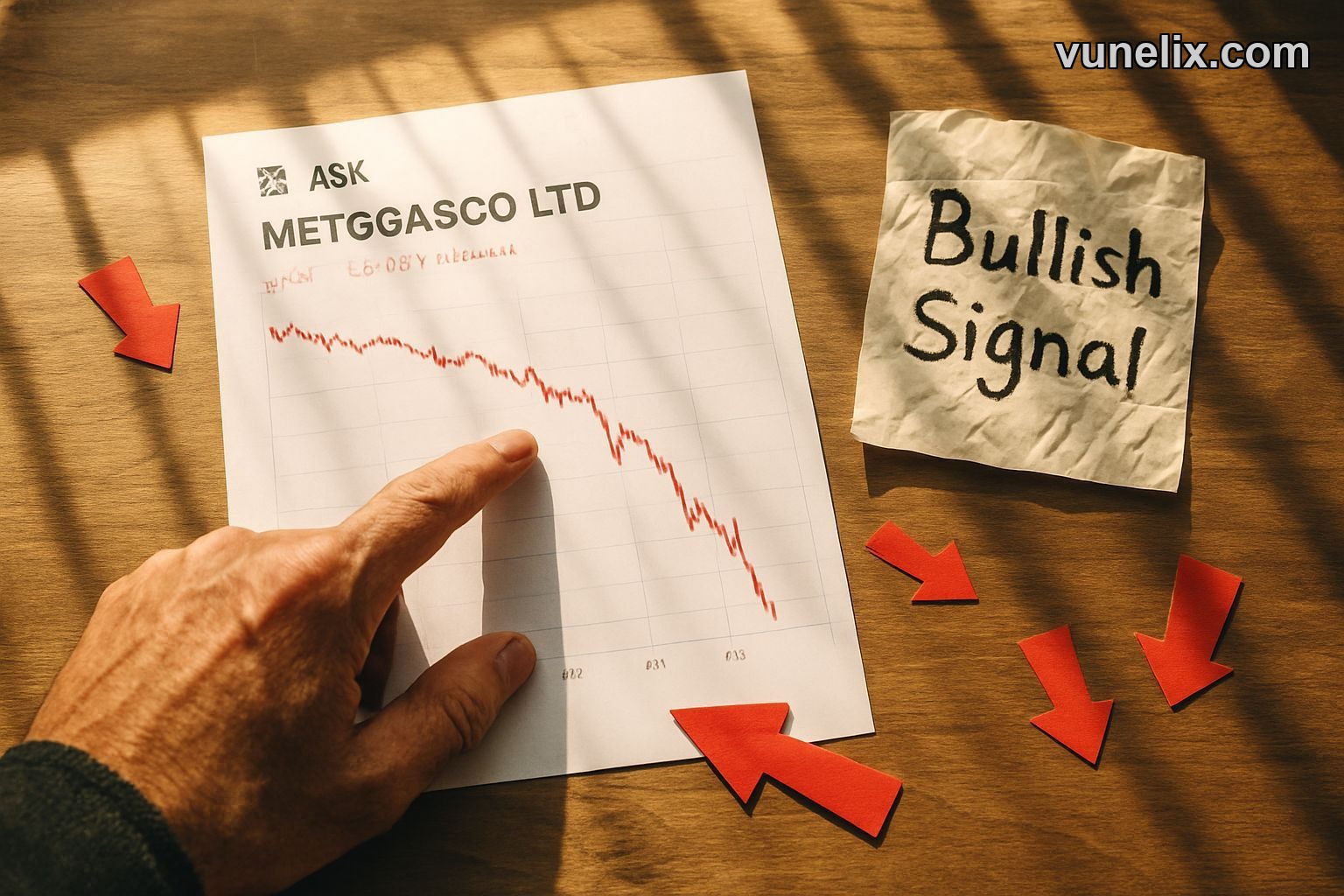 Investor analyzing a Metgasco Ltd stock chart with a sharp drop.
