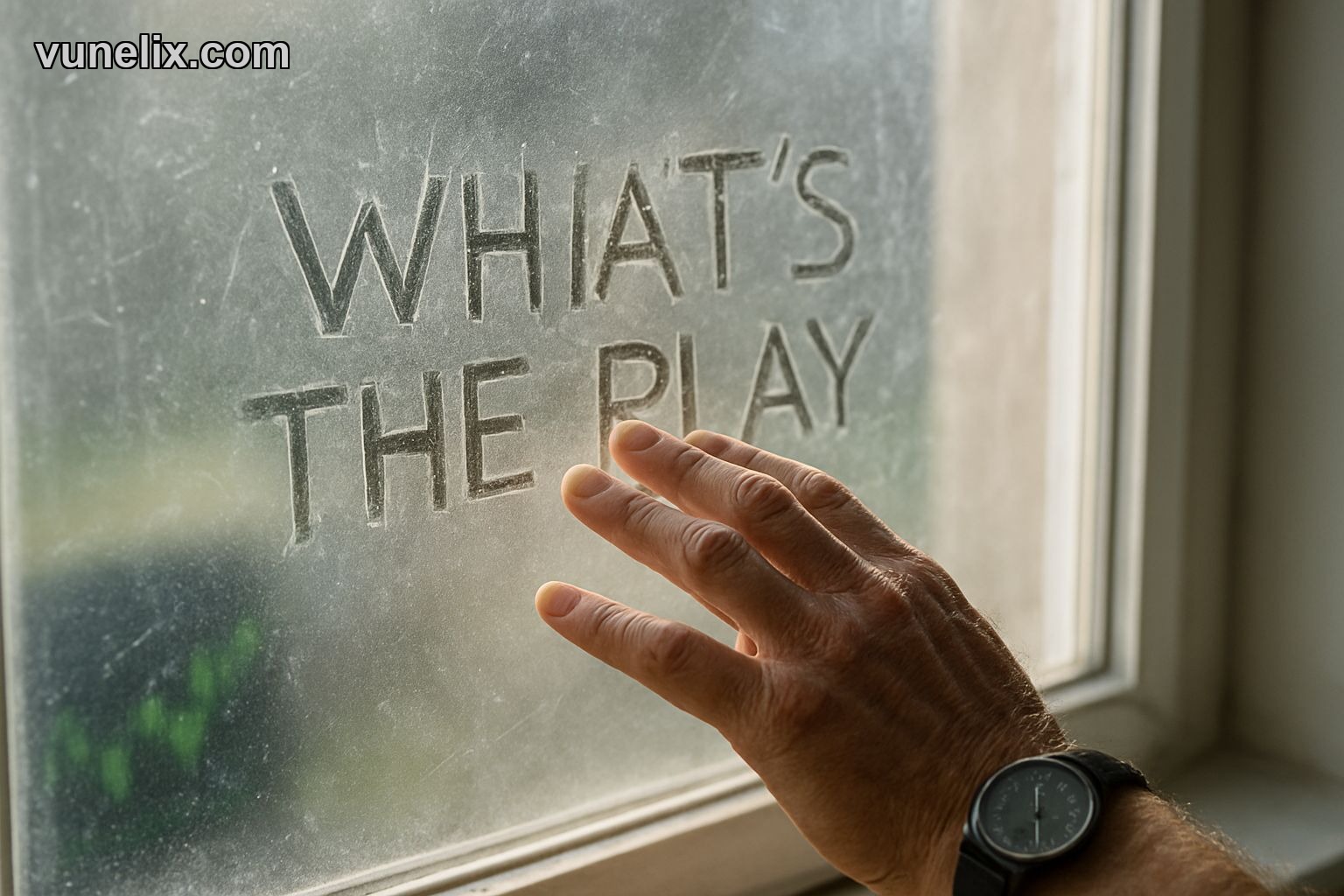 Hand tracing "WHAT'S THE PLAY?" text etched into glass, symbolizing NVIDIA Corporation analysis.