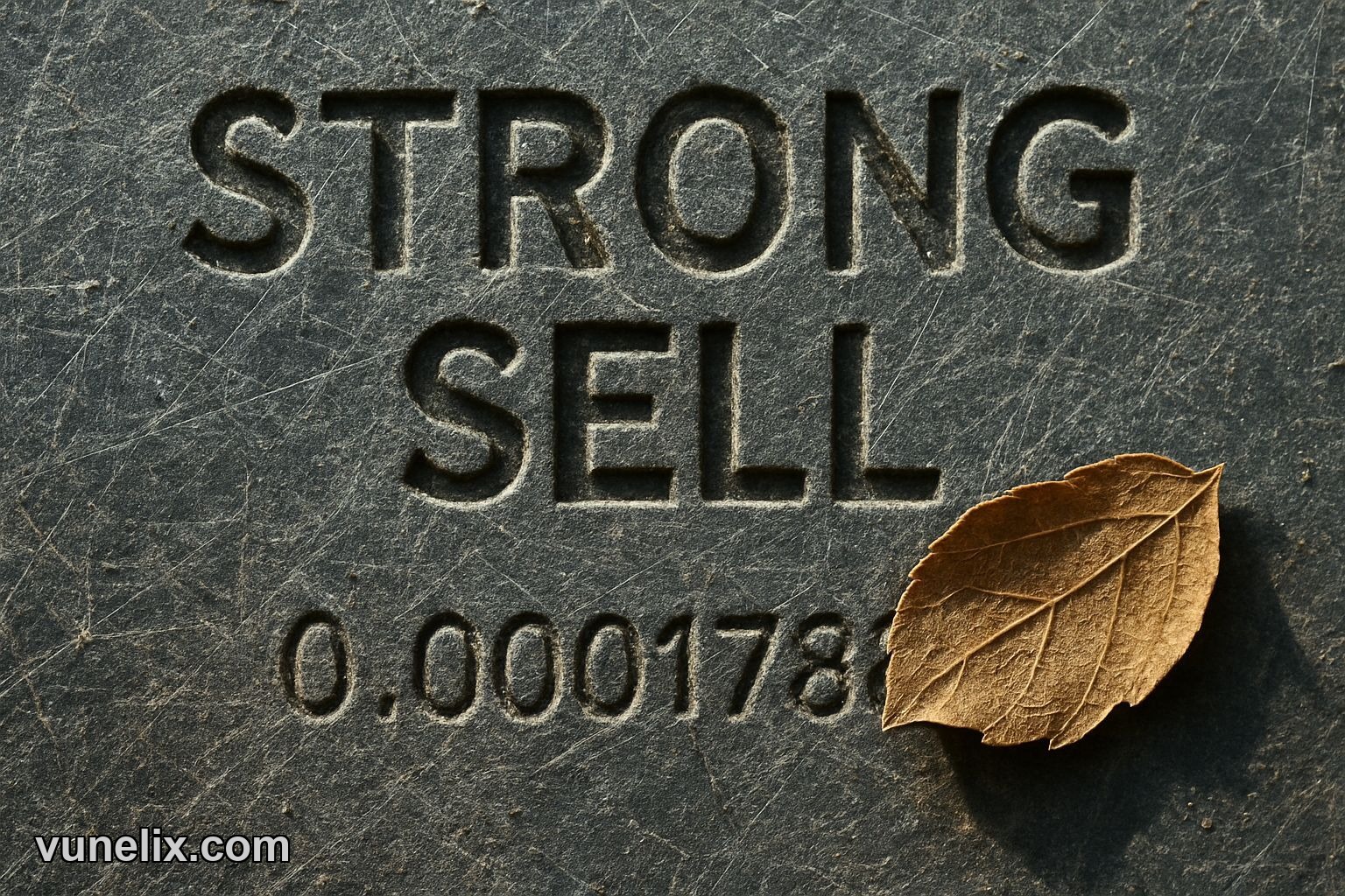 Close-up of "STRONG SELL" carved into stone with price below.
