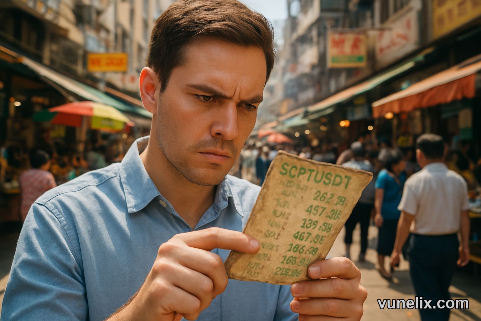 Person scrutinizing Script Network / USDT numbers on street market, "Pump or Trap?" sign.