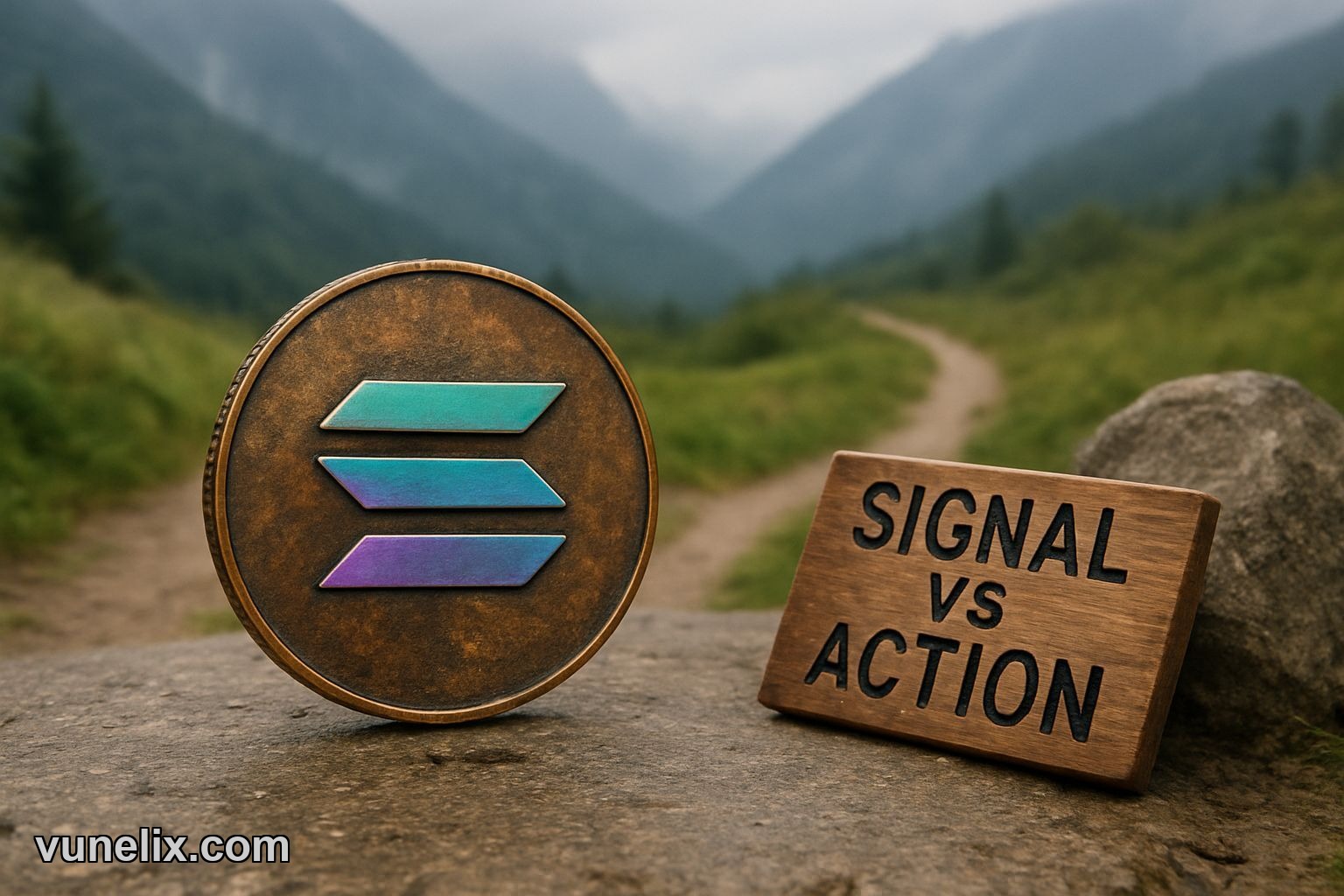 Solana coin on driftwood beach showing price analysis divergence