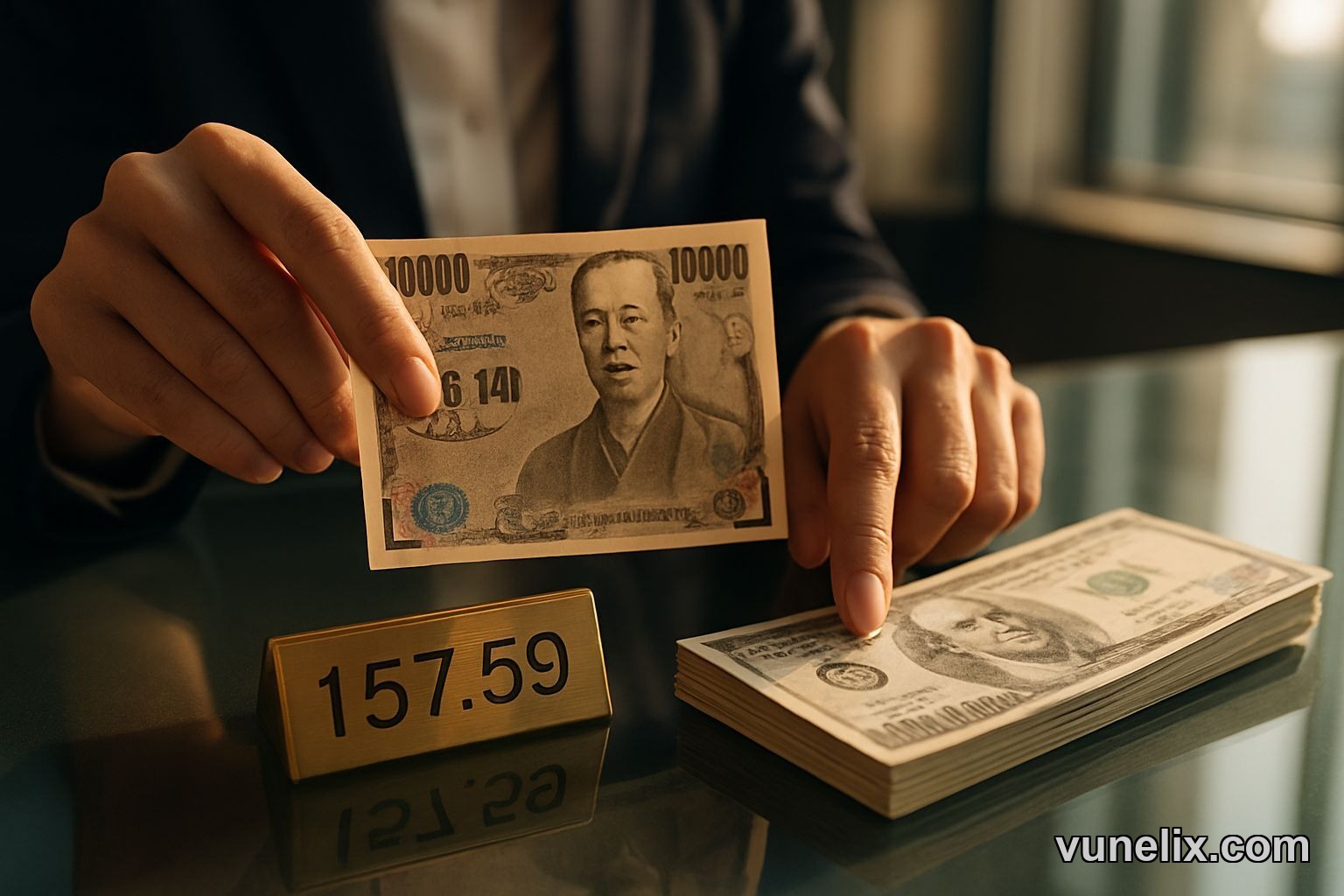 USD JPY exchange rate board showing 157.59 forecast March 2026