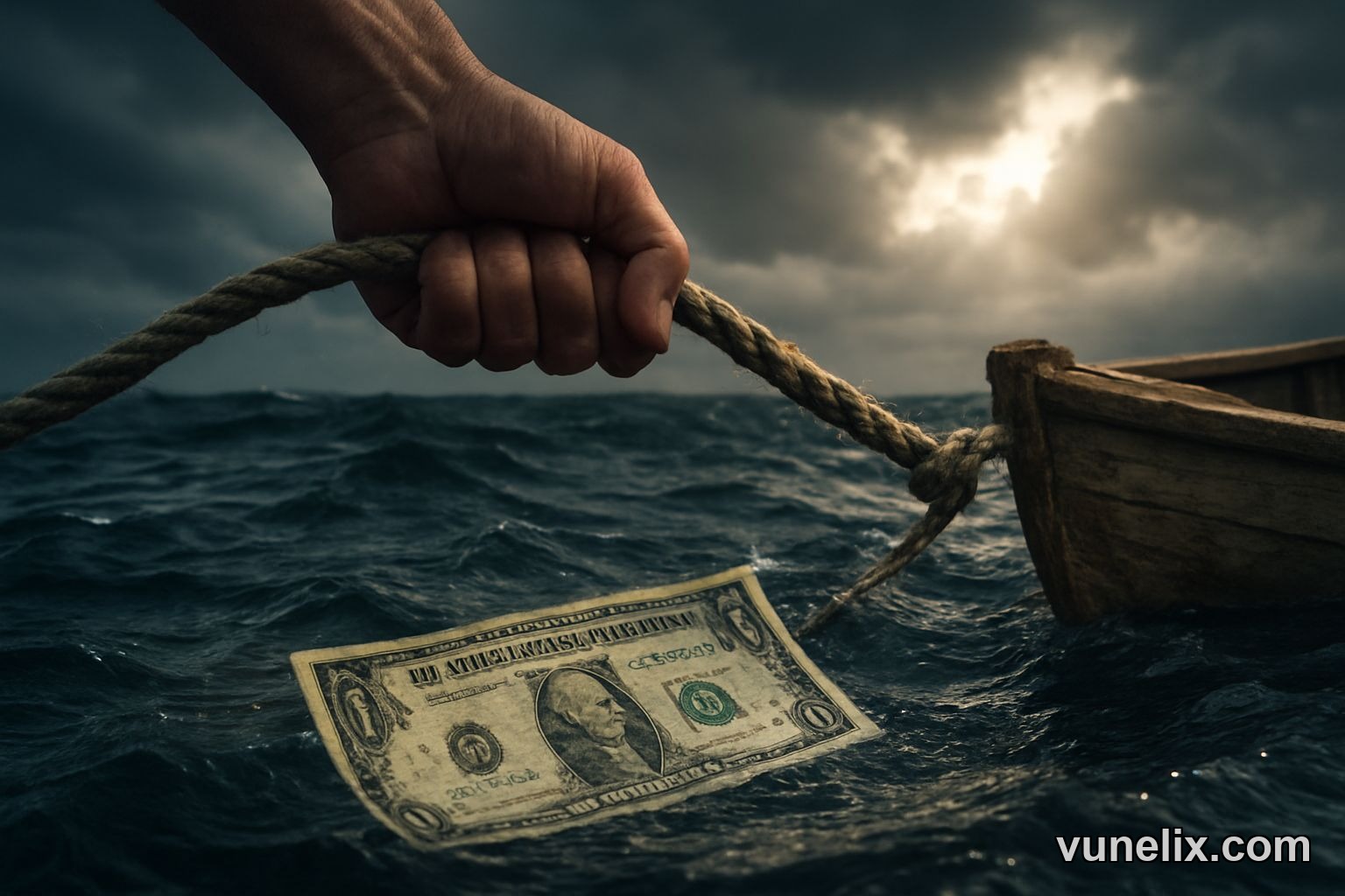 Hand gripping rope in choppy water with submerged dollar, illustrating investment risk.