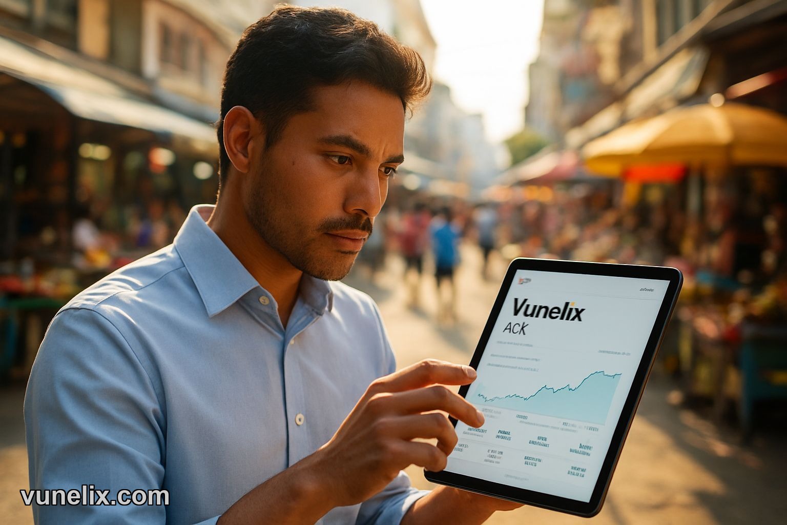 Trader intensely reviewing Vunelix ADRs on tablet, vibrant Asian market background, "GLOBAL GAINS?"