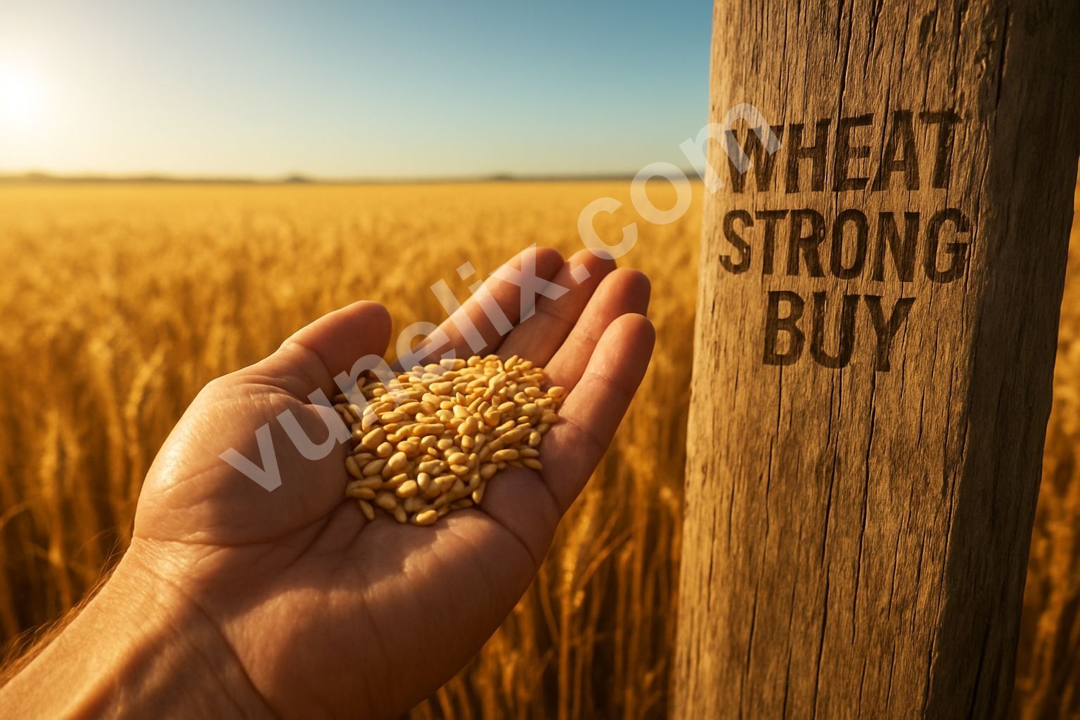 Golden wheat grains, hand, sunlit field, "Wheat: Strong Buy?" text.