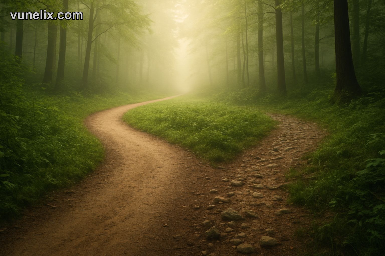 Two contrasting paths, one clear and one rocky, symbolize long-term vs short-term trends.