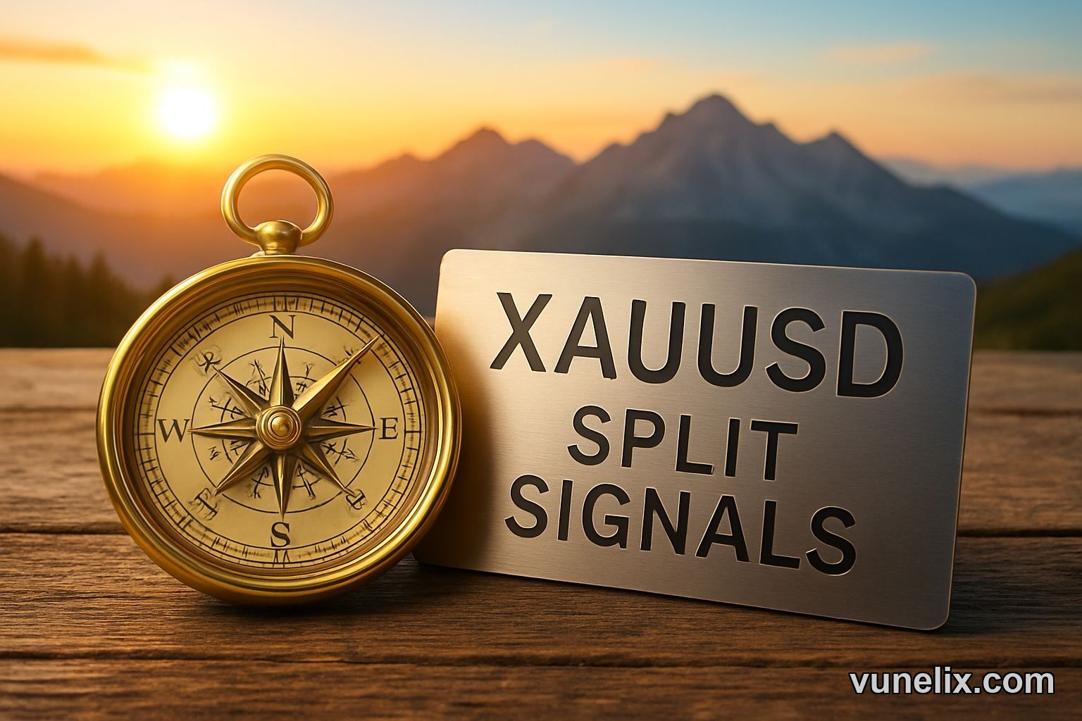 Gold compass pointing multiple directions, "XAUUSD: SPLIT SIGNALS" text, mountain sunrise.