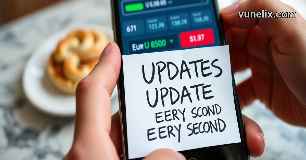 Hands holding phone showing real-time currency converter app